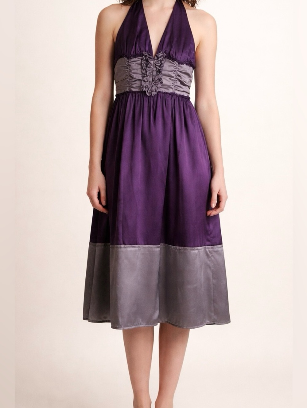 To The Max Whimsigoth Y2K Purple 100% Silk Empire Waist Midi Dress Size 4